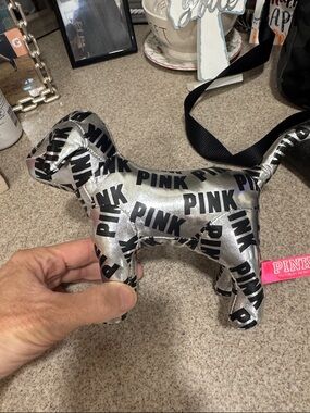 Victoria's Secret PINK Metallic Silver Dog Plush with Black Logo